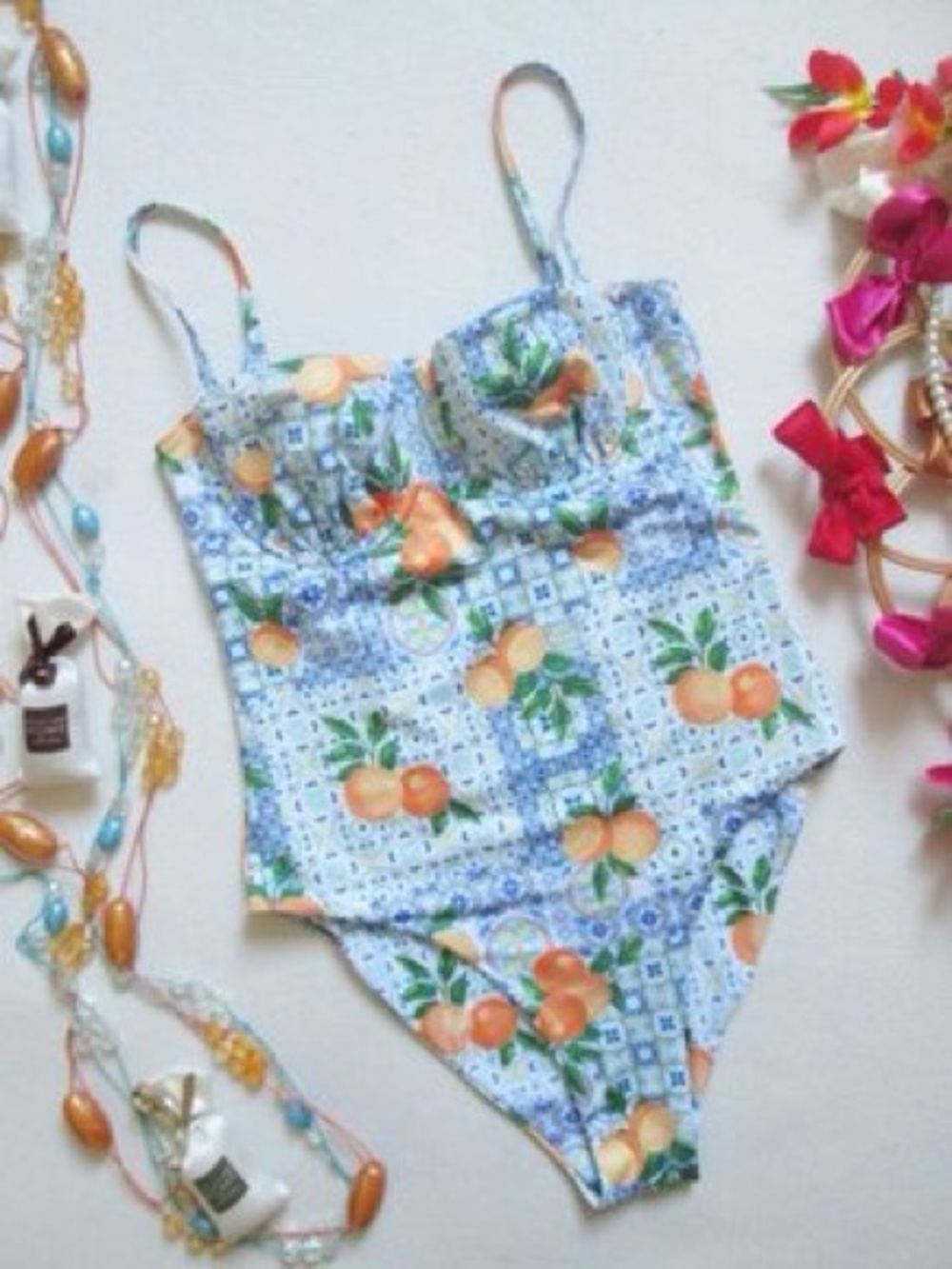 Primark UK Mediterranean Blue One-Piece Swimsuit with Orange Fruit Print